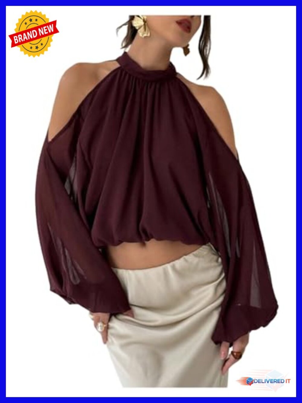 Cold Shoulder Halter Blouse Long Sleeve Tie Back Sheer Crop Top Womens
